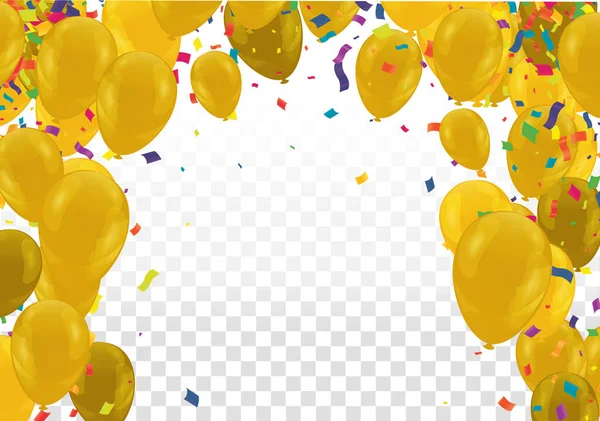 Χρυσά Μπαλόνια Κομφετί Σημαία Και Popper Κόμμα Λευκό Φόντο Εικονογράφηση — Διανυσματικό Αρχείο