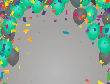 Balonlar ve yeşil konfeti temsilciliği ile kutlama arkaplanı