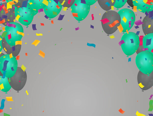 Celebratory background with balloons and green confetti Vector illustration