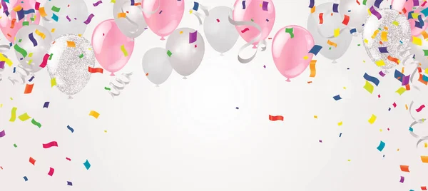 Розовые Шарики Отпразднуем День Рождения Постер Баннер Юбилеем Реалистичные Элементы — стоковый вектор