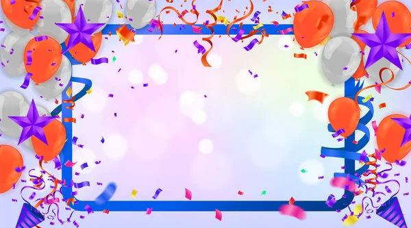 Cartão Aniversário Com Balões Roxos Confete Backgr —  Vetores de Stock