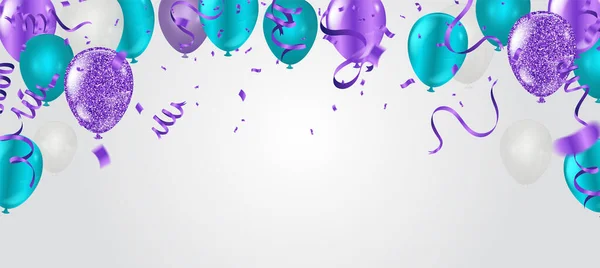 Kartu Ulang Tahun Dengan Balon Ungu Dan Confetti Backgr - Stok Vektor