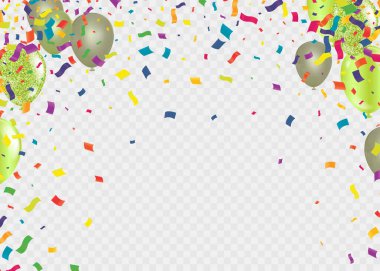 Konfeti ve çeşitli renk kurdeleleriyle arka plan şablonunu kutla.