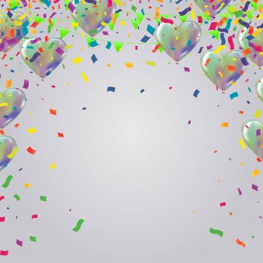 Arka planda lüks parti balonları, konfeti ve hediye kutuları var. Parti ya da doğum günü şablonu 