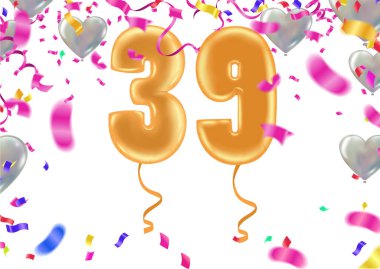 39 'uncu yıl dönümü ve doğum günü şablon tasarımı arka plan renkli balon ve kutlama için renkli küçük konfeti parçaları