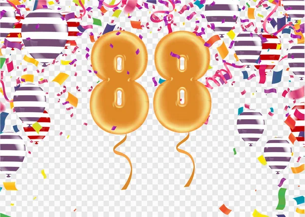 背景カラフルなバルーンとお祝いのためのカラフルな小さなコンフェッティピースのテンプレートデザインと88年の記念日と誕生日 — ストックベクタ