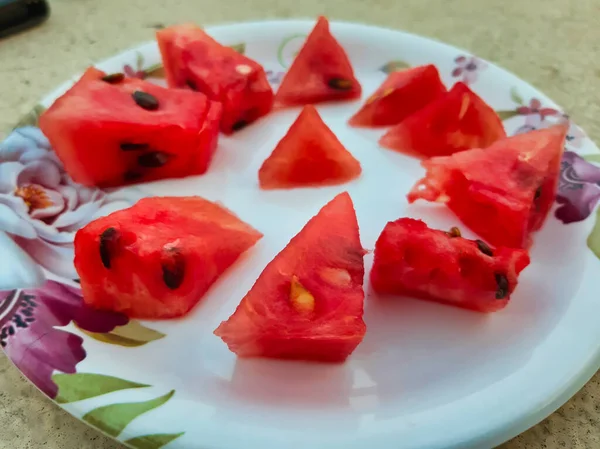 Bild Vattenmelonskivor Som Förvaras Platta Vattenmelon Rik Källa Till Vitamin — Stockfoto