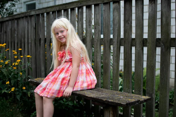 Klein Meisje Het Dorp Wit Haar Roze Jurk Houten Hek — Stockfoto