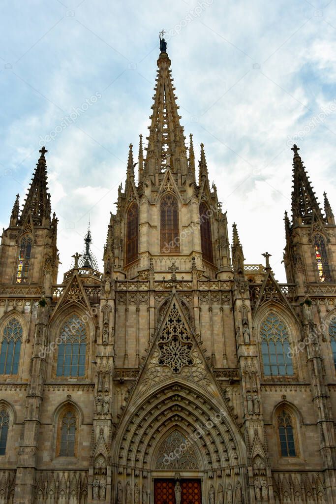 View of The Cathedral of the Holy Cross and Saint Eulalia, also known as Barcelona Cathedral. Is the Gothic cathedral and seat of the Archbishop of Barcelona, Spain