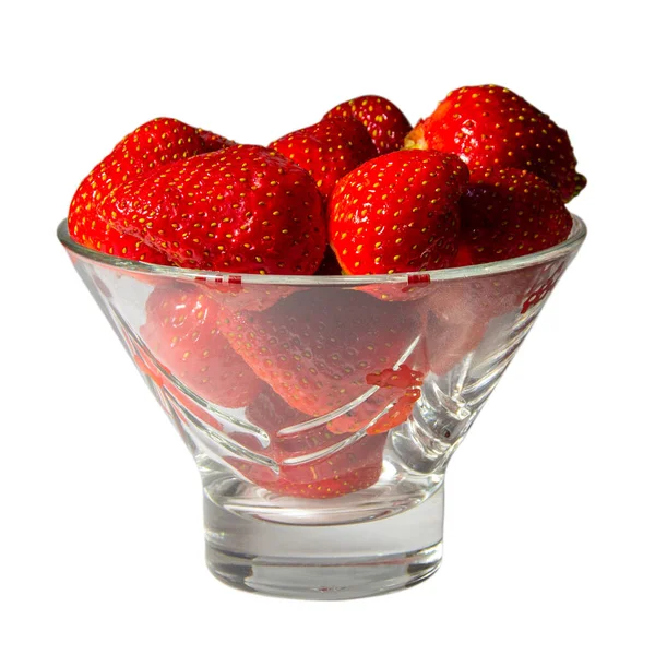 Viele Erdbeeren Einer Glasvase Isoliert Auf Weißem Hintergrund Großaufnahme Geringe — Stockfoto