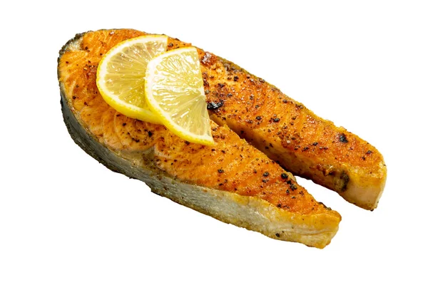 Grilled Salmon Steak Lemon Slice Isolated White Background Top View — Stock Photo, Image