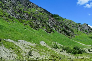 Yaz dağları yeşil çimenler ve mavi gökyüzü manzarası. Kafkas Dağları