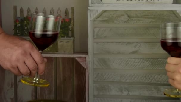 Homem Mulher Clink Copos Uns Com Outros Com Vinho Tinto — Vídeo de Stock