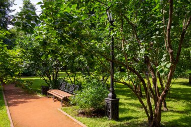 Rusya 'nın Yaroslavl kentindeki valinin bahçesinde dinlenen turistler için klasik bank