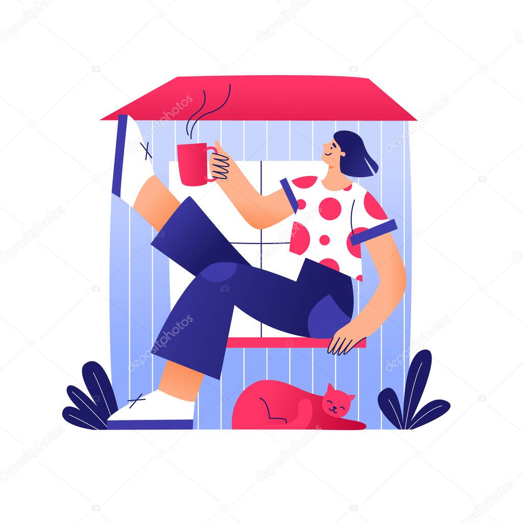 Tiny house living . Small house for young woman and cat. Happy people in compact space concept. Vector flat hand drawn illustration. Design for web sites, cards, posters, advert, t-shirts.