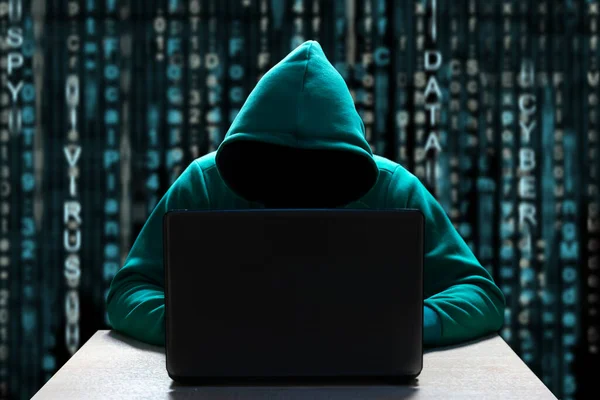 Computer Hacker Hood Hidden Face Sits Front Laptop Background Binary — Stock Photo, Image