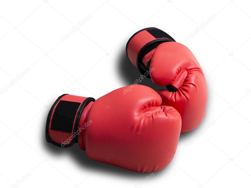 Close up red leather gauntlet boxing isolated on white background