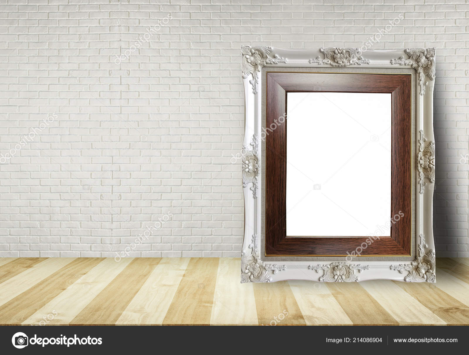 Close Blank Picture Frame Put Table Brick Wall Background