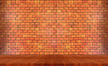 Eski rustik tuğla duvar arka plan iç ahşap raflar