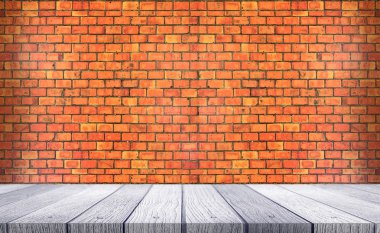 Eski rustik tuğla duvar arka plan iç ahşap raflar