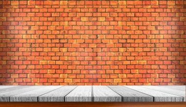 Eski rustik tuğla duvar arka plan iç ahşap raflar