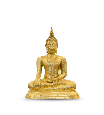 Yakın eski altın buddha izole beyaz arka plan üzerinde