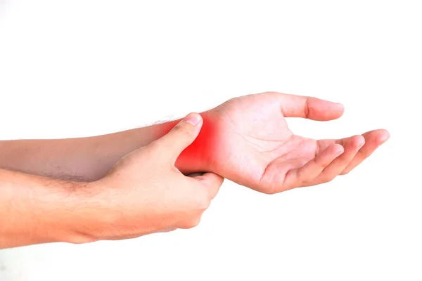 Закрыть Человек Держа Боль Пальцах Красной Отметины Изолированы Белом Фоне Стоковое Фото