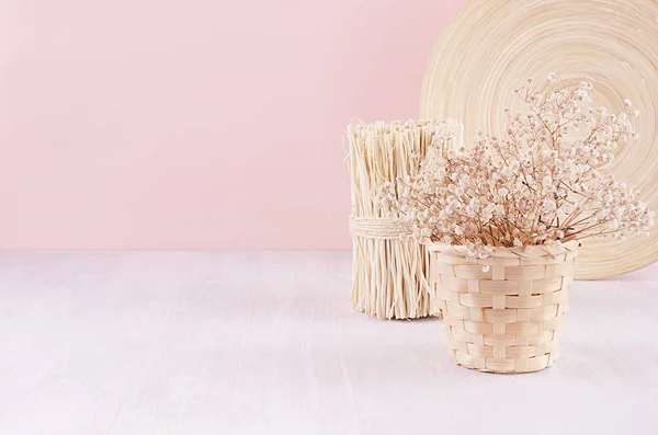 Moderno Pastel Rosa Suave Casa Interior Com Decoração Madeira Casa — Fotografia de Stock