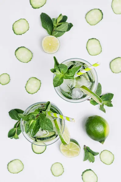 Fresh Detox Spring Cocktail Mint Lime Ice Cucumber Straw Soft — Stock Photo, Image