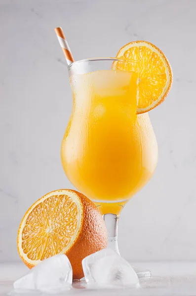 Homemade Cold Summer Fresh Oranges Lemonade Ice Cubes Straw Slice — Stock Photo, Image