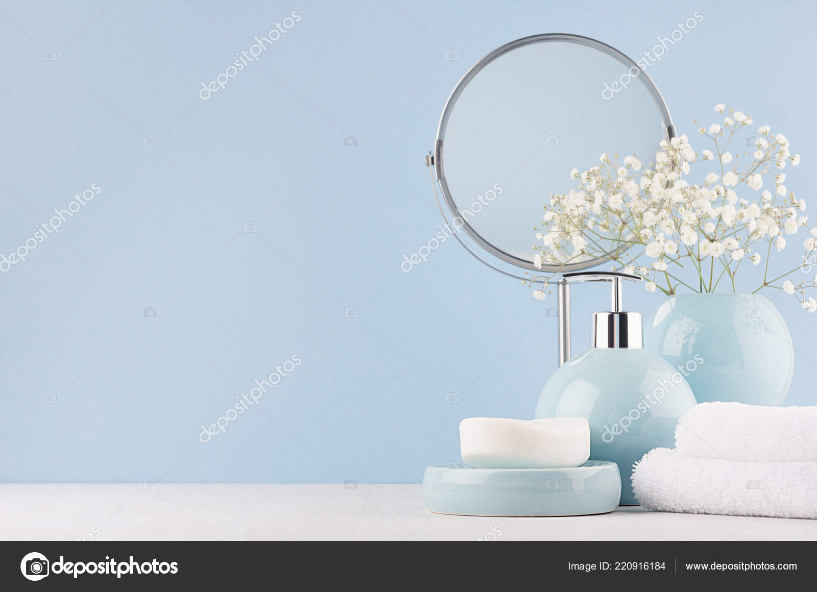 Delicate Elegant Ceramic Decorations Bathroom Soft Blue Bowls Vase White Stock Photo C Alinayudina 220916184