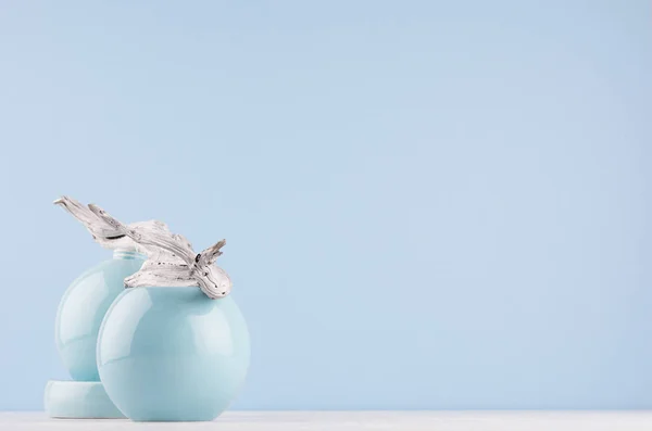 Modern Minimalist Interior Blue Smooth Vases Shabby Grey Twig White — Stock Photo, Image