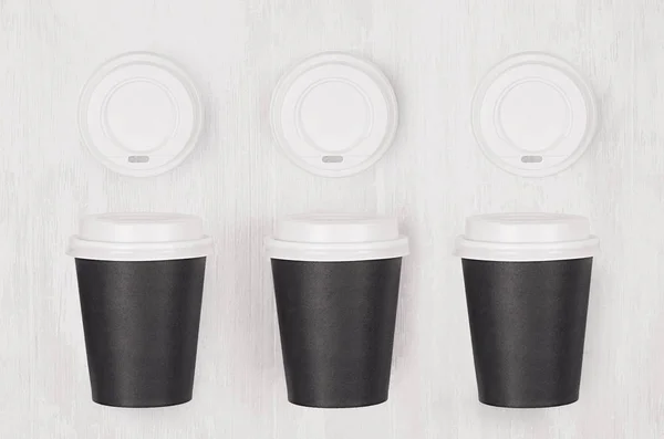 Coffee Mockup Set Three Black Paper Cups Blank White Caps — Stock Photo, Image