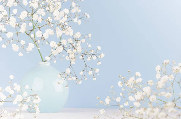 Light soft elegant home decor with small airy flowers in glossy pastel blue vase on  wood table and blue wall.