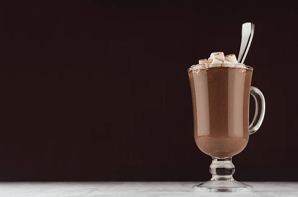 Gourmet Coffee Drink Classic Glass Handle Marshmallows Silver Spoon Dark — Stock Photo, Image