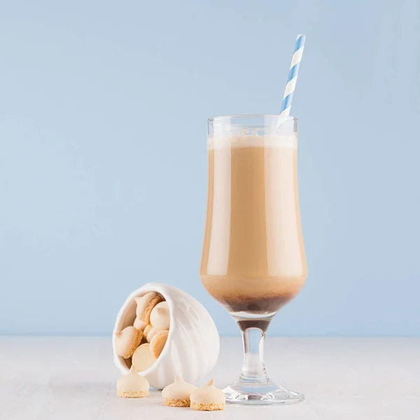 Refreshment Cold Coffee Drink Goblet Cream Foam Straw Bowl Cookies — Stock Photo, Image