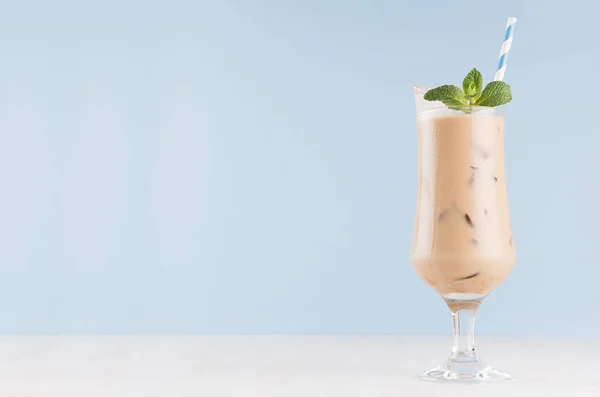 Fresh Milk Cocktail Coffee Green Mint Ice Cubes Straw Light — Stock Photo, Image