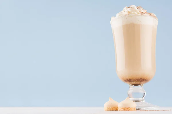 Cappuccino Coffee Elegant Glass Whipped Cream Cocoa Powder Cookies White — Stock Photo, Image