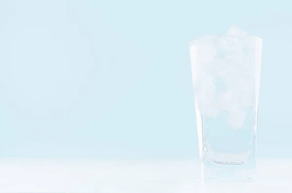 Cold Water Ice Misted Drinking Glass Soft Light Blue Background — Stock Photo, Image