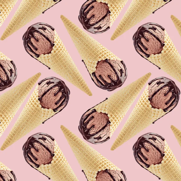 Шоколадне Морозиво Хрустких Конусах Солодким Коричневим Соусом Безшовний Візерунок Рожевому — стокове фото