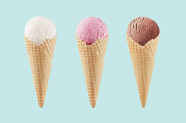 Set of different  flavor ice cream cones in crisp waffle cone - white, pink, brown - chocolate on green background.