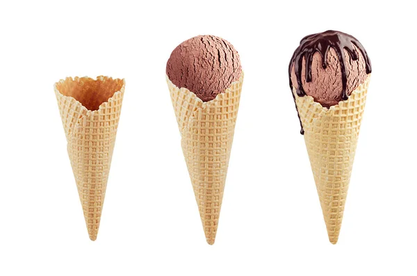 Conjunto Conos Helado Chocolate Cono Gofre Helado Marrón Vacío Con —  Fotos de Stock