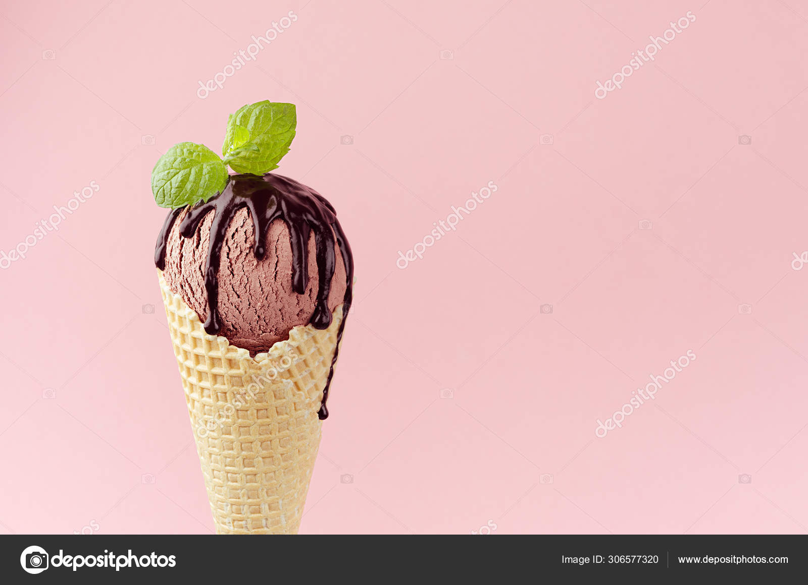 Brown Ice Cream Waffle Cone Chocolate Sauce Mint Leaf Pastel Stock Photo By C Alinayudina