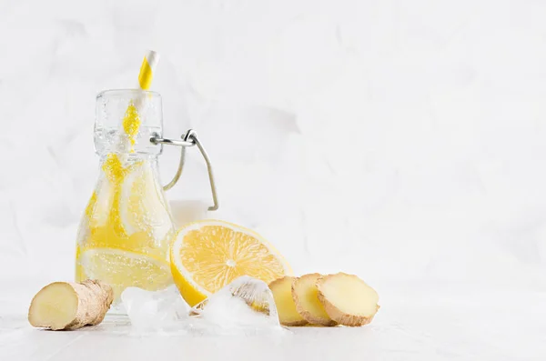 Natürlicher Bio Cocktail Mit Zitrone Kohlensäurehaltigem Wasser Scheiben Eiswürfeln Ingwer — Stockfoto