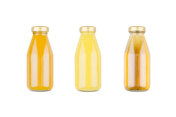 Zomer Vruchtensappen Sinaasappelsap Mango Appel Glazen Flessen Geïsoleerd Model Voor — Stockfoto
