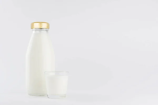 Lait Produit Laitier Blanc Bouteille Verre Maquette Avec Verre Sur — Photo