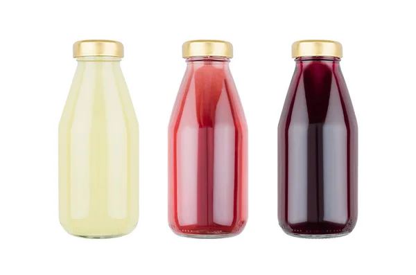 Verzameling Van Verse Vruchtensappen Geel Roze Violet Glazen Flessen Geïsoleerd — Stockfoto