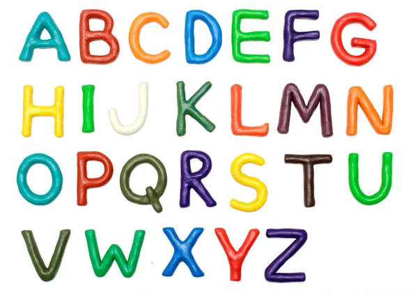 Alfabeto Inglese Plastilina Colori Diversi Isolato Uno Sfondo Bianco Educazione — Foto Stock