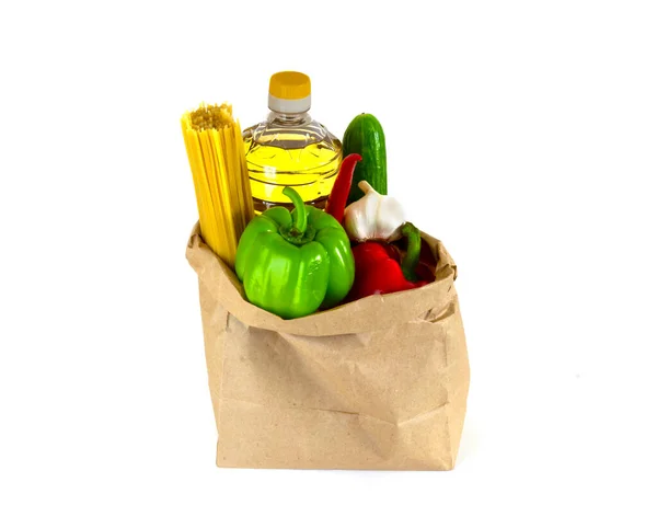 Paper Bag Vegetable Oil Pasta Cucumbers Tomatoes Onions Garlic Fresh — Stock Photo, Image