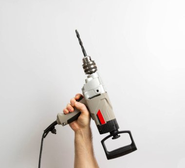 Beyaz arka planda erkek eli sondaj. yakın plan.